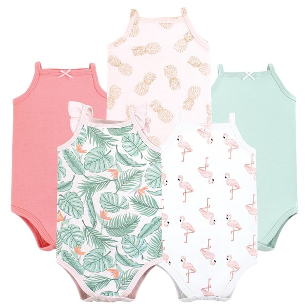 slide 1 of 1, Hudson Baby Infant Girl Cotton Sleeveless Bodysuits, Palm Flamingo 0-3 Months - Palm Flamingo