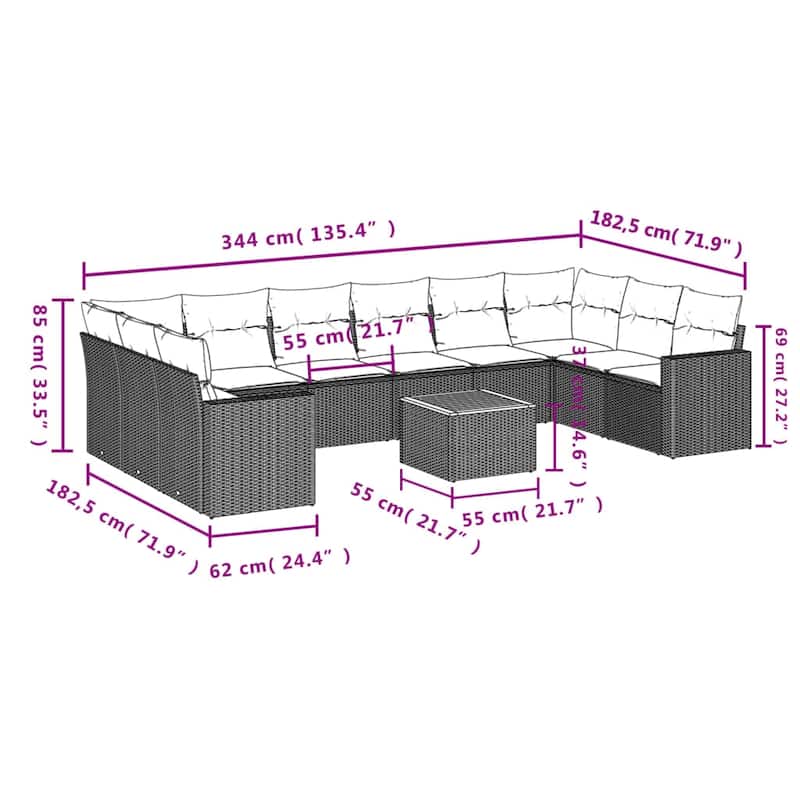 vidaXL 11 Piece Patio Sofa Set with Cushions Black Poly Rattan - 24.4 x 24.4 x 27.2 (W x D x H)