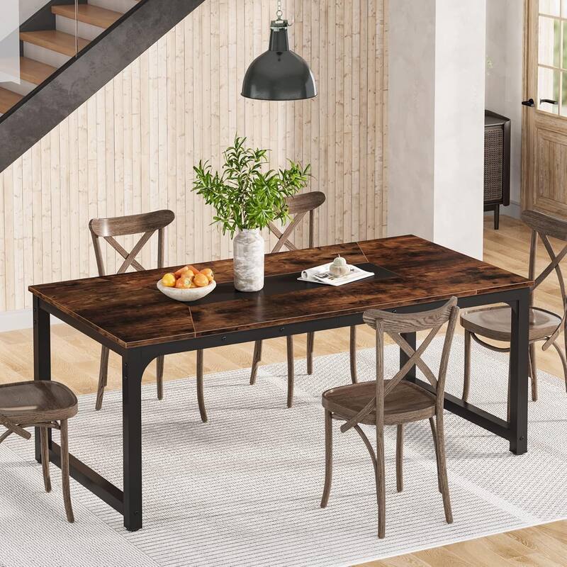 71" Industrial Dining Table for 6-8 People, Rustic Rectangular Kitchen & Dining Room Table with Heavy-Duty Metal Frame