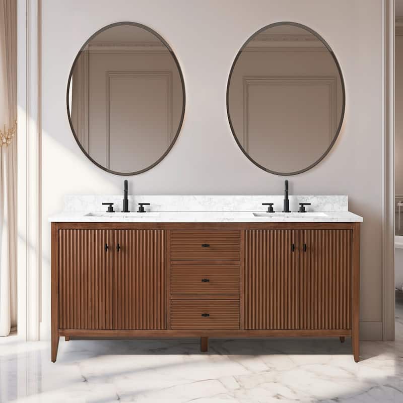 Vanity Art 72" Double Sink Bathroom Vanity Cabinet with Engineered Marble Top