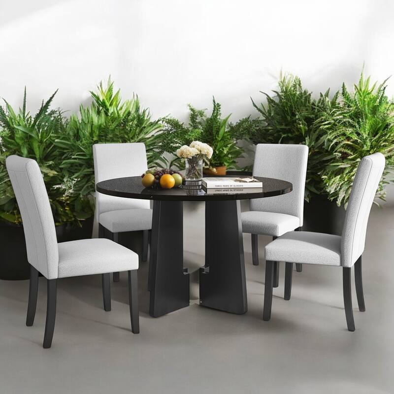 5-Piece Round Dining Table Set, 43-Inch MDF Table with 4 Upholstered Chairs for Kitchen, Dining Room, Living Room