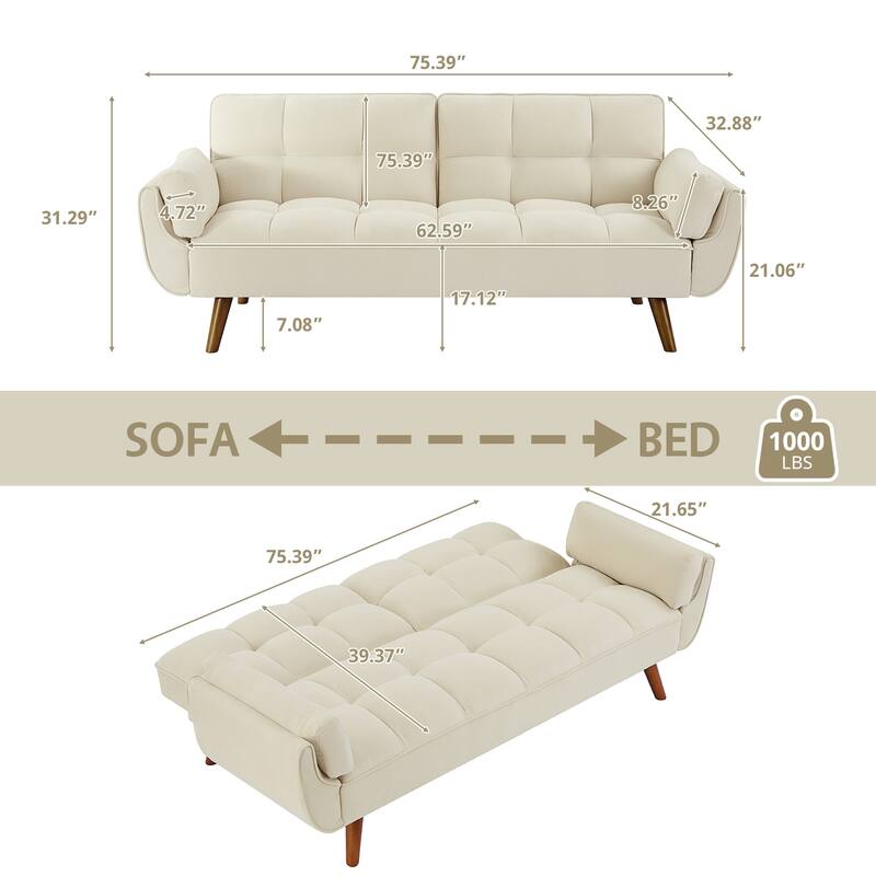 75.39'' Sofa Bed, Convertible Sleeper Couch with Pillows, Foldable Loveseat Furniture for Living Room