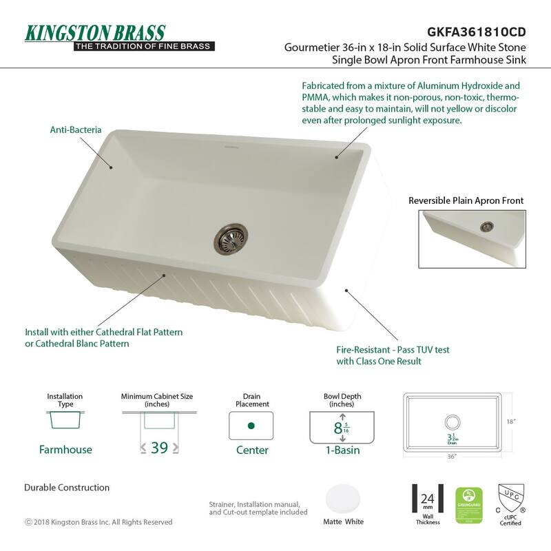 Kingston Brass Arcticstone 36" Farmhouse Single Basin Stone Composite