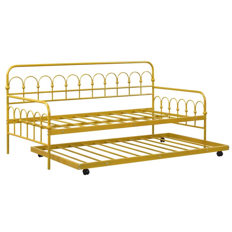 Twin Size Metal Daybed w/Trundle Sofa Bed Lockable Wheels - Golden