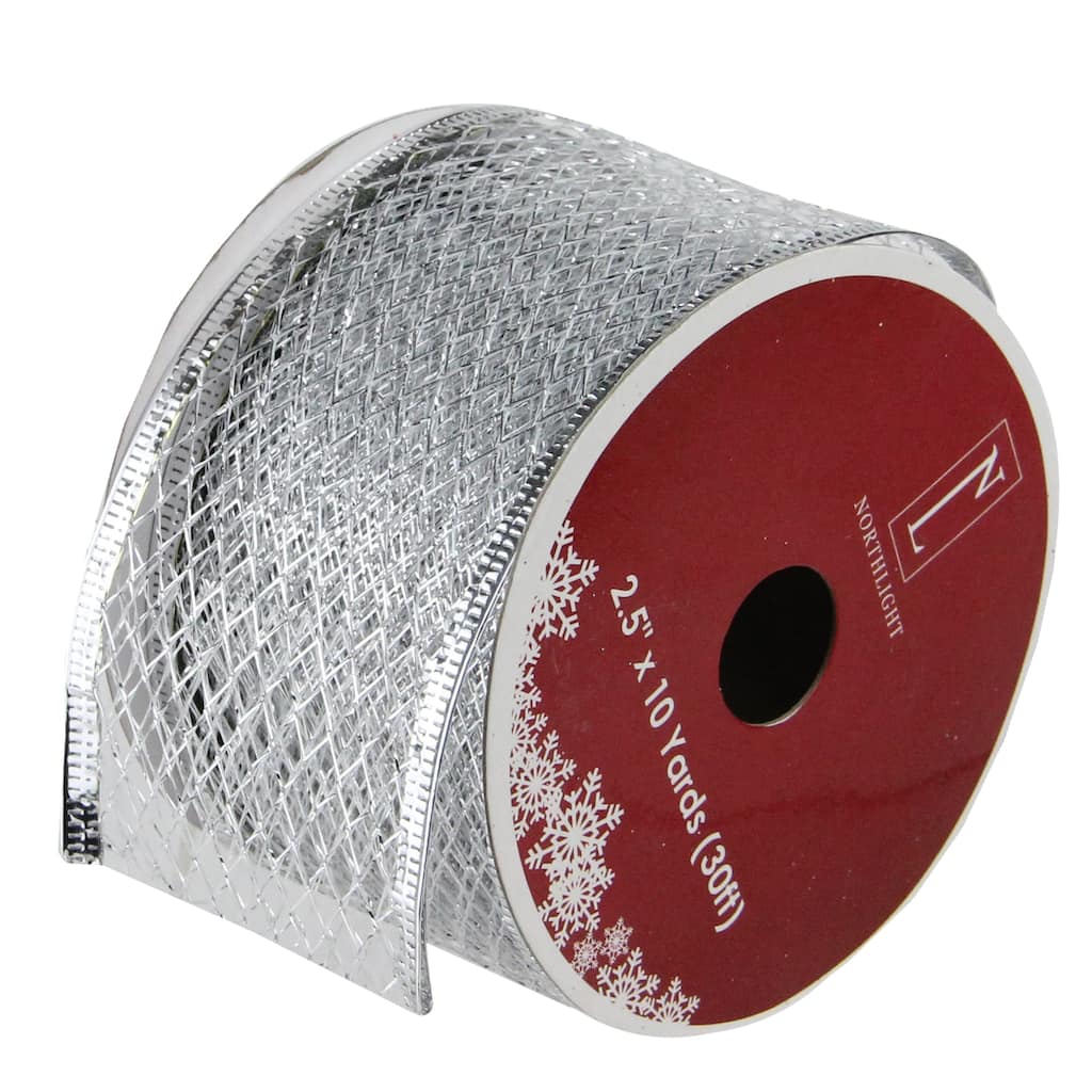 Silver Glittering Metallic Lattice Wired Christmas Craft Ribbon 2.5 x 10 Yards - 2.5"