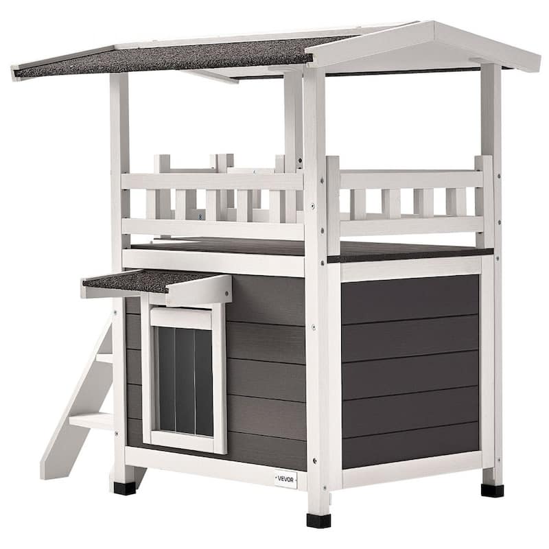 Outdoor Wooden Cat House with Balcony and Waterproof Roof Elevated Shelter for Sunbathing