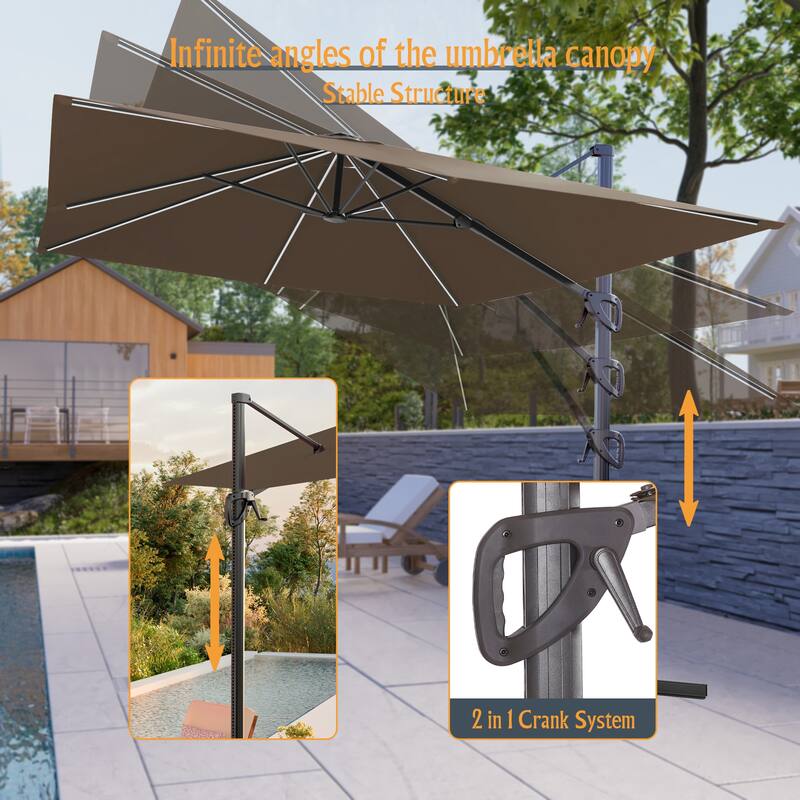 LIVOOSUN 10x8ft LED Rectangle Cantilever Umbrella Patio Offset Umbrella For Outdoor Space, Solution-Dyed Fabric, 360° Rotation