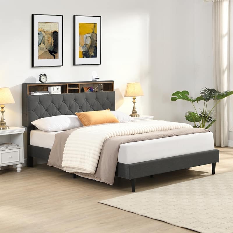 Upholstered Platform Bed Frame with Linen Fabric Headboard - Dark Gray - Queen