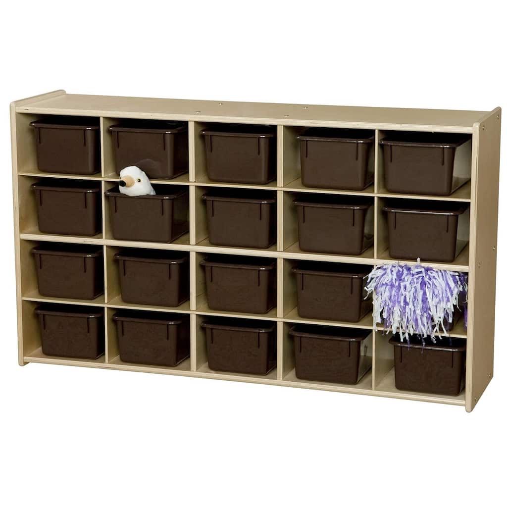 Contender Classroom Storage Shelf with 20 Brown Bins, Kids Toy Storage, Stationary Organizer, Hard Wood Cabinets - 46.75"