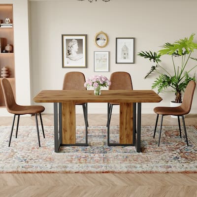 Rectangular Dining Table Set for 4, 5-Piece Modern Wood Dining Set with 4 Brown Suede Chairs for Home, Kitchen