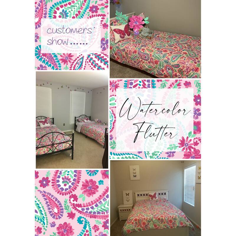 Watercolor Flutter Pink Floral Comforter Set With Butterfly Throw Pillow