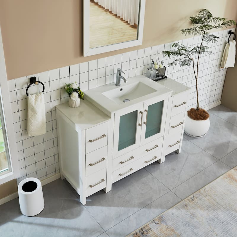 Vanity Art 54 Inch Single Sink Bathroom Vanity Set 8 Dove-Tailed Drawers 3 Cabinets 1 Shelf, Soft-Closing Doors with Free Mirror
