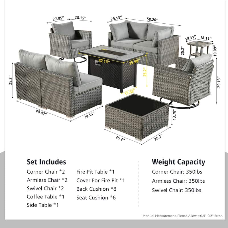 HOOOWOOO 9-piece Grey Rattan Outdoor Furniture Fire Pit Set with Swivel Chairs