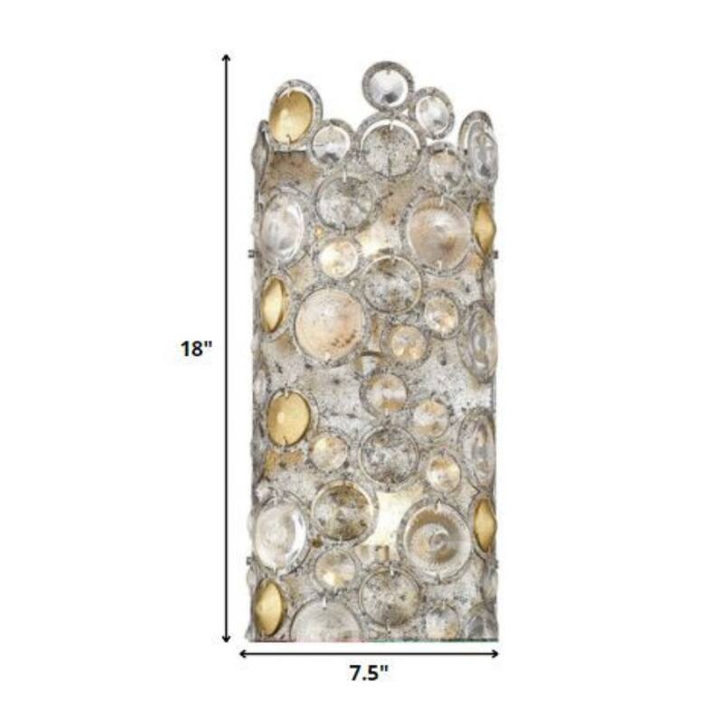 2-Light Transitional Antique Silver Leaf Flush Mount Wall Sconce with Crystal Accents and Dimmable LED Fixture - 18”H x 7.5”W
