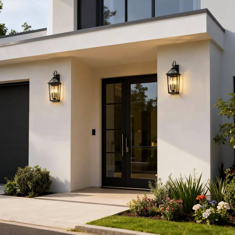 26 in. 3-Light Black Outdoor Hardwired Wall Lantern Sconce with Clear Glass Shade