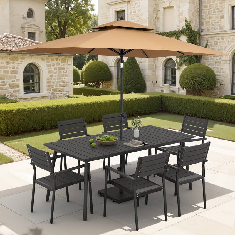9-Piece Outdoor Dining Set Aluminum Table and 8 Stackable Chairs and 10 ft Umbrella with Base - Black Table with Tan Umbrella