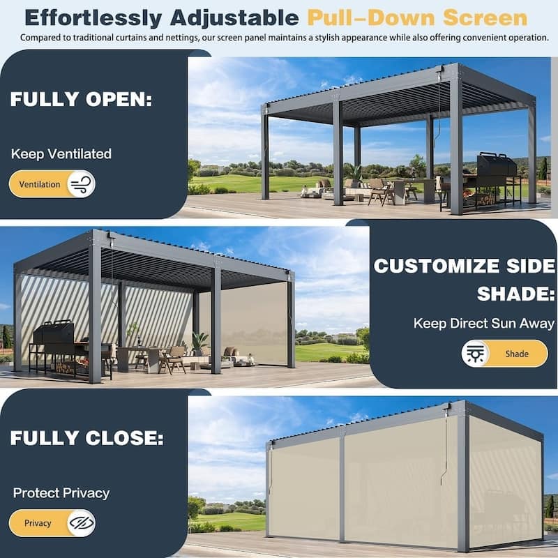 EROMMY Outdoor Louvered Pergola Gazebo with Adjustable Aluminum Rainproof Roof and Pull-Down Screen