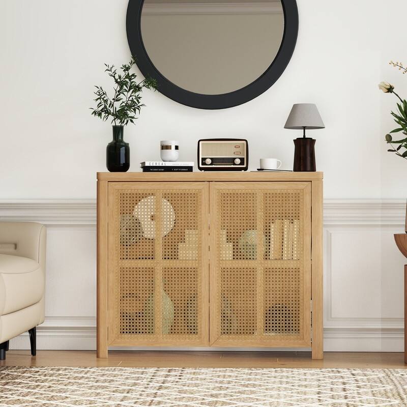 Mid Century Modern 63" Wide 2 - Cane Rattan Door Storage Sideboard, Retro Wine Bar Credenza for Living Room Entryway Kitchen