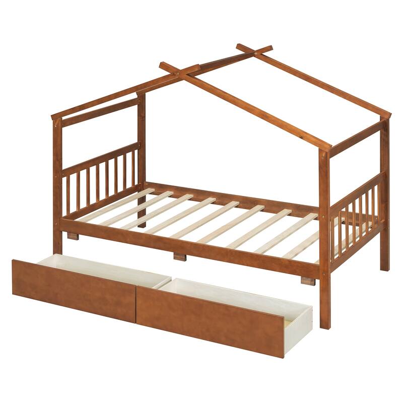 Twin Size Wooden House Bed with Drawers, Walnut Finish