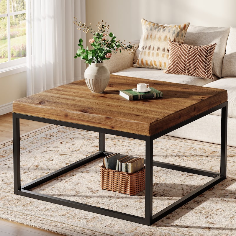 Square Solid Wood Coffee Table with Industrial Metal Frame - Brown