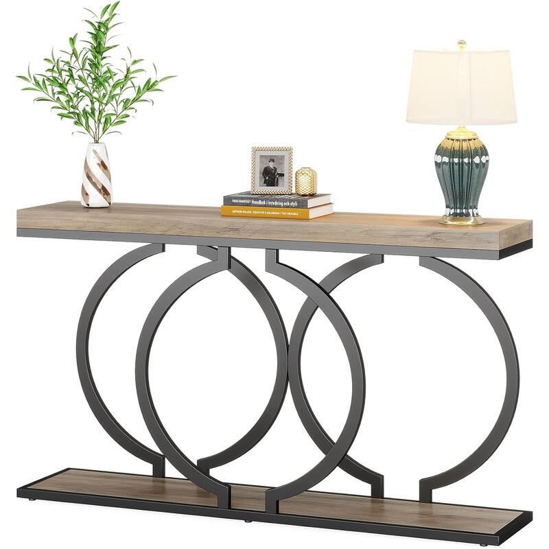Industrial Console Table 55" - Narrow Long Entryway Sofa Table with Geometric Metal Frame & Vintage Grey Wood Top