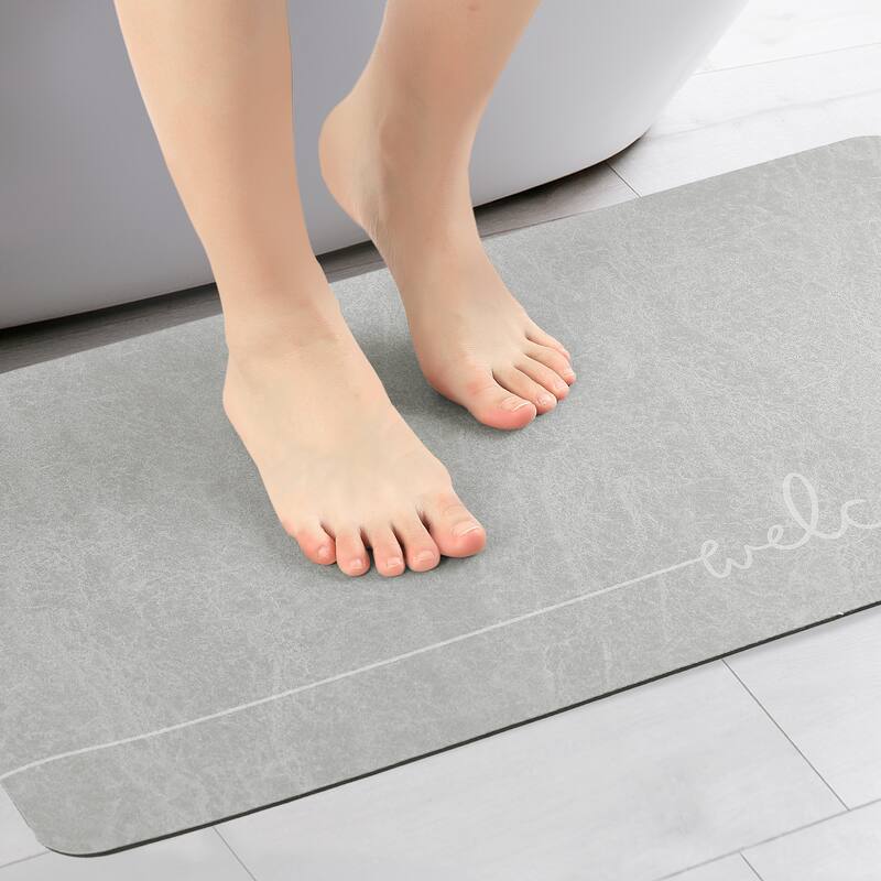 Absorbent Bath Mat Rug, Quick Drying Mat Bath Mat Non-Slip Floor Rug Rubber Backed for Bathroom Kitchen Shower Sink - Grey Welcome - 16" x 24"