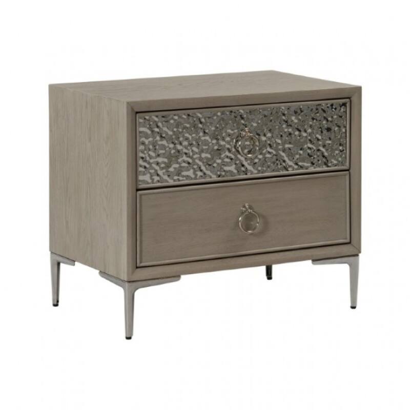Kaira Nightstand with 2 USB Ports, Textured Metal, Natural Oak Brown
