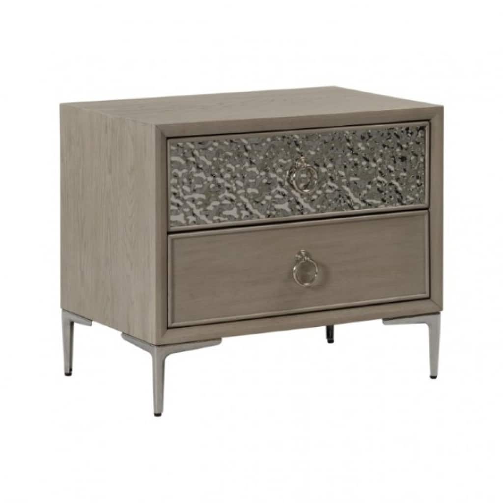 Kaira Nightstand with 2 USB Ports, Textured Metal, Natural Oak Brown