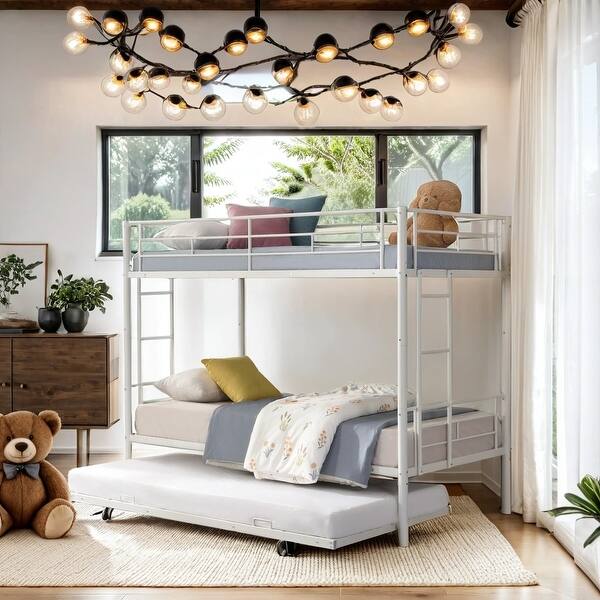 slide 2 of 8, Durability & Stability Metal Bunk Bed with Guardrails and Stairs White