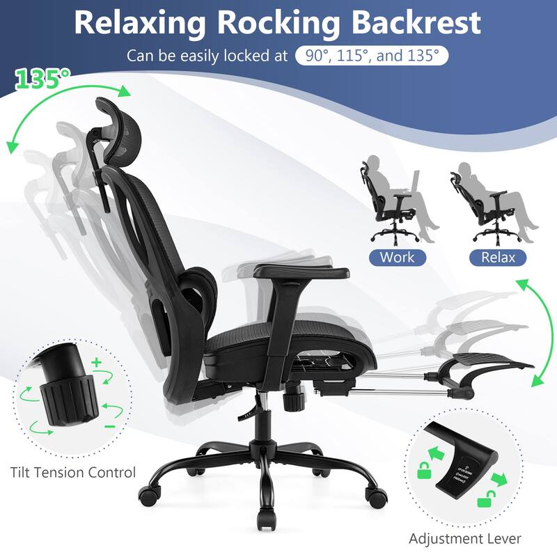 Ergonomic Mesh Office Chair with Reclining Backrest 3D Armrests Adjustable Headrest Lumbar Support and Footrest Black