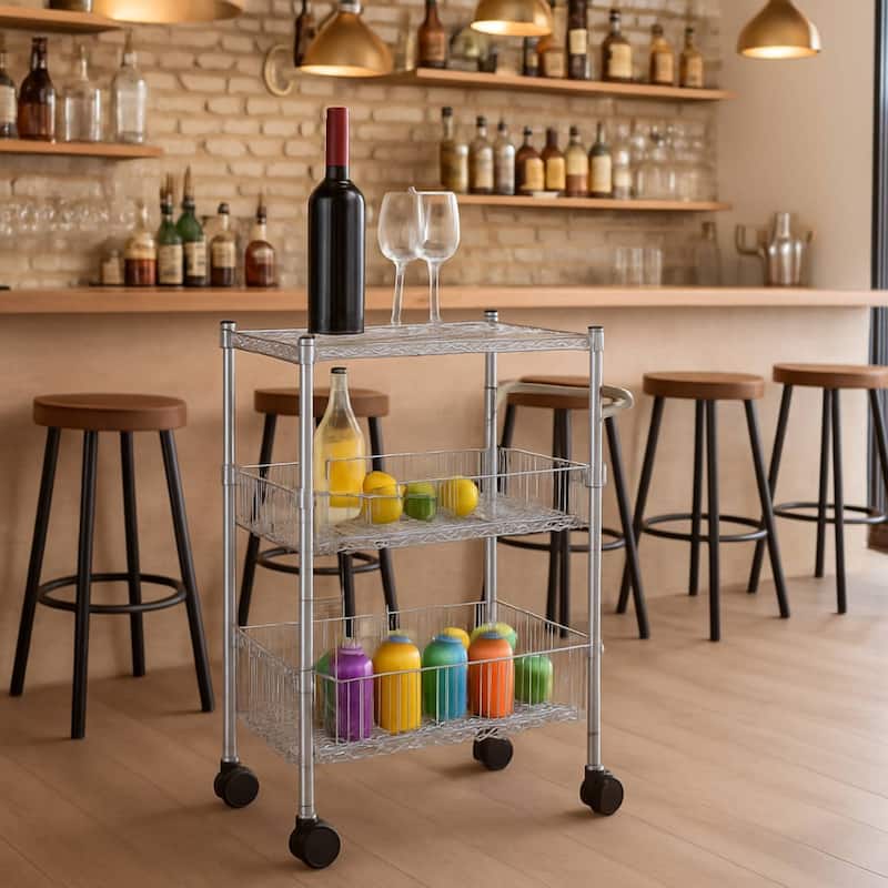 3 Tier Rolling Kitchen Cart with Baskets with Handles for Kitchen Bathroom - N/A - Silver
