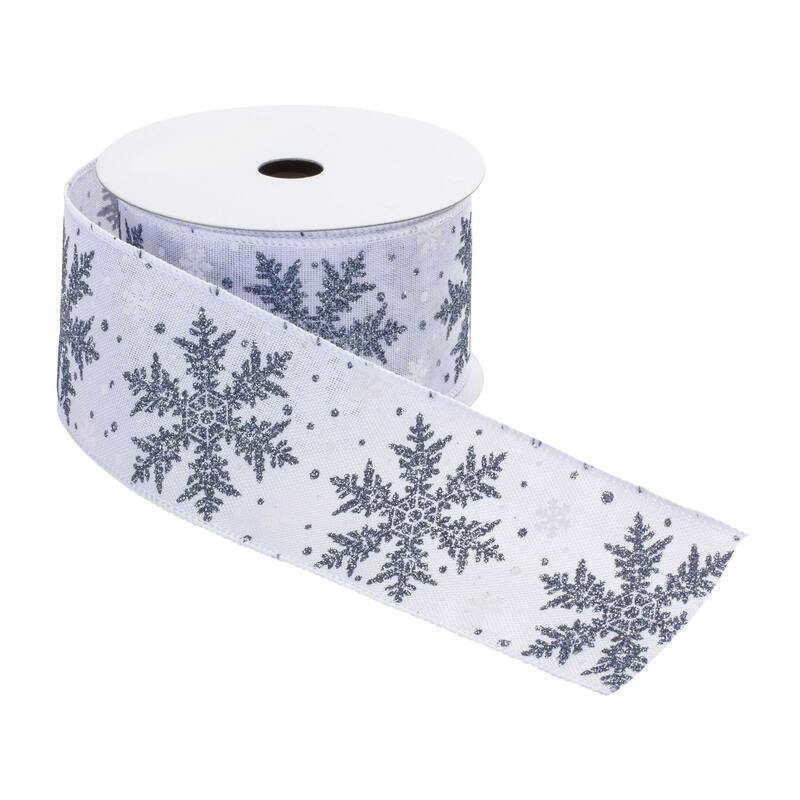 Snowflake Christmas Wired Craft Ribbon - 2.5" x 20 Yards - White and Silver