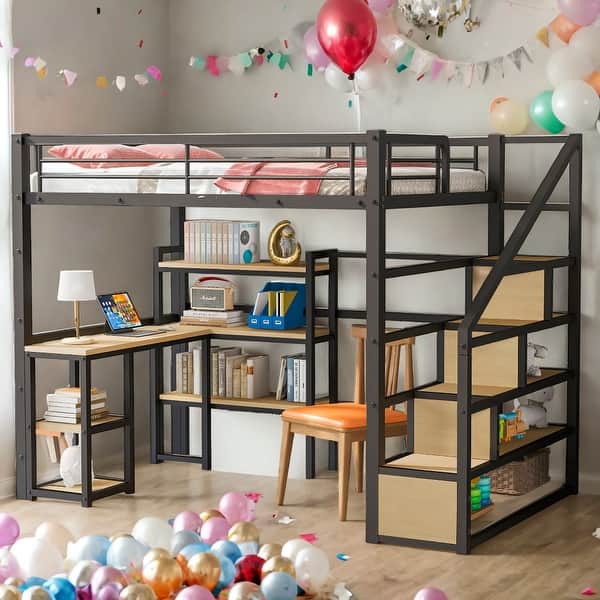 slide 2 of 9, Full Size Metal Loft Bed with Staircase, Built-in Desk, and Shelves - Space-Saving Design in Black
