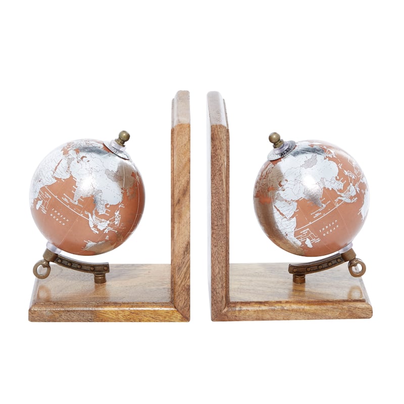 Wood Globe Bookends - Set of 2 Brown - Roche River Decor - 4"W x 6"L x 7"H