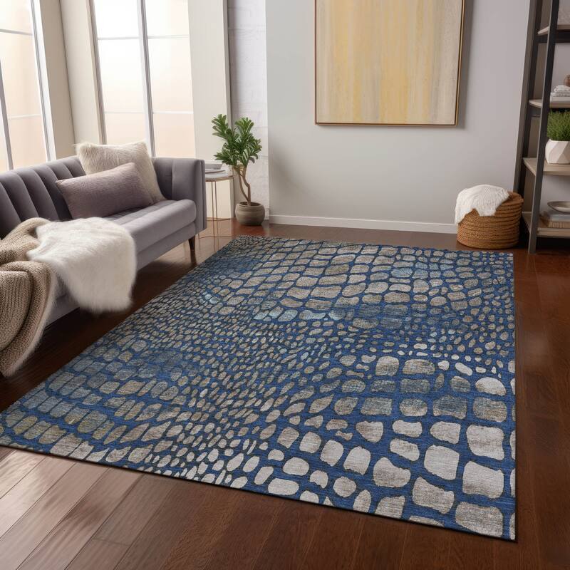 Machine Washable Indoor/ Outdoor Modern Cobble Chantille Rug - Navy - 3' x 5'