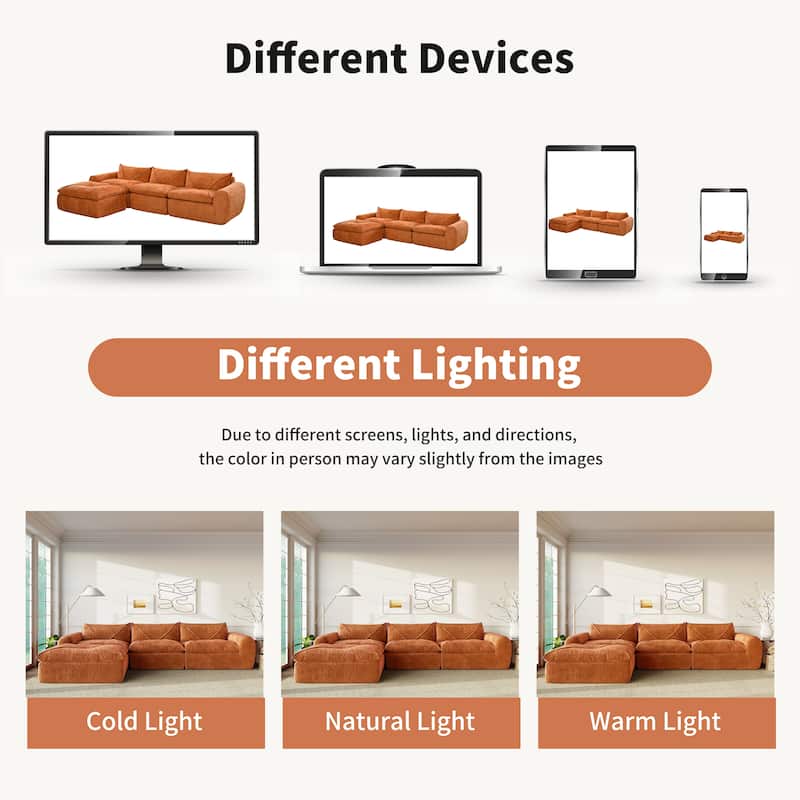 Roomfitters 116'' Fully Compressed Sofa, High Density Foam, Legless Modular Design, No Assembly, Chenille, Orange