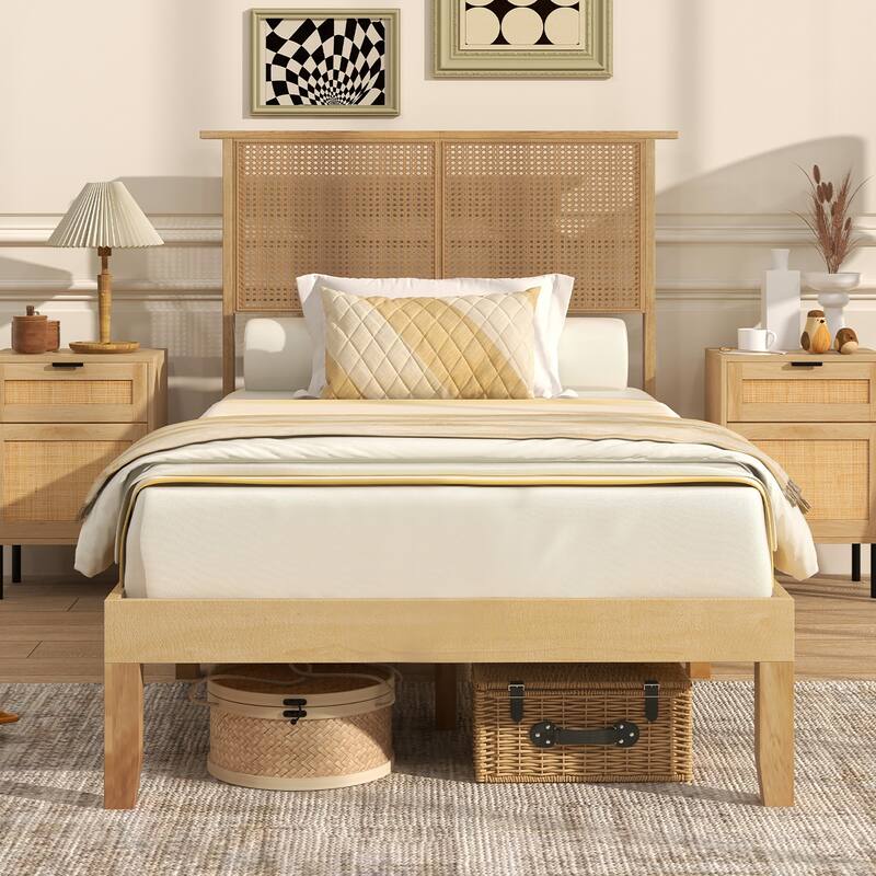 Gymax Twin/Full/Queen Size Bed Frame w/ Rattan Headboard 10 Solid Wood