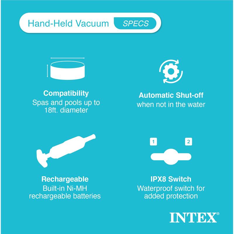 Intex Rechargeable Handheld Above Ground Pool Vacuum Cleaner with 2 Brush Heads - 39 x 6.5 x 5.25 inches