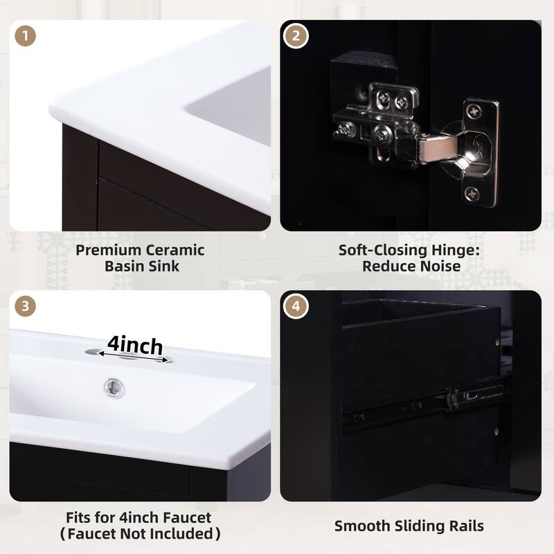 GDFStudio - Merivale Modern Bathroom Vanity with Ceramic Sink and 2 Soft-Closing Storage Drawers - 24'W