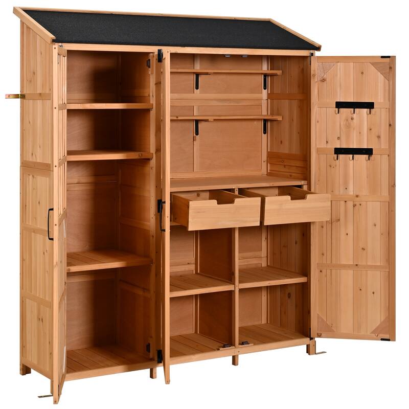 72" Large Patio Garden Shed with Waterproof Roof, Outdoor Storage Cabinet with Workstation & Hooks