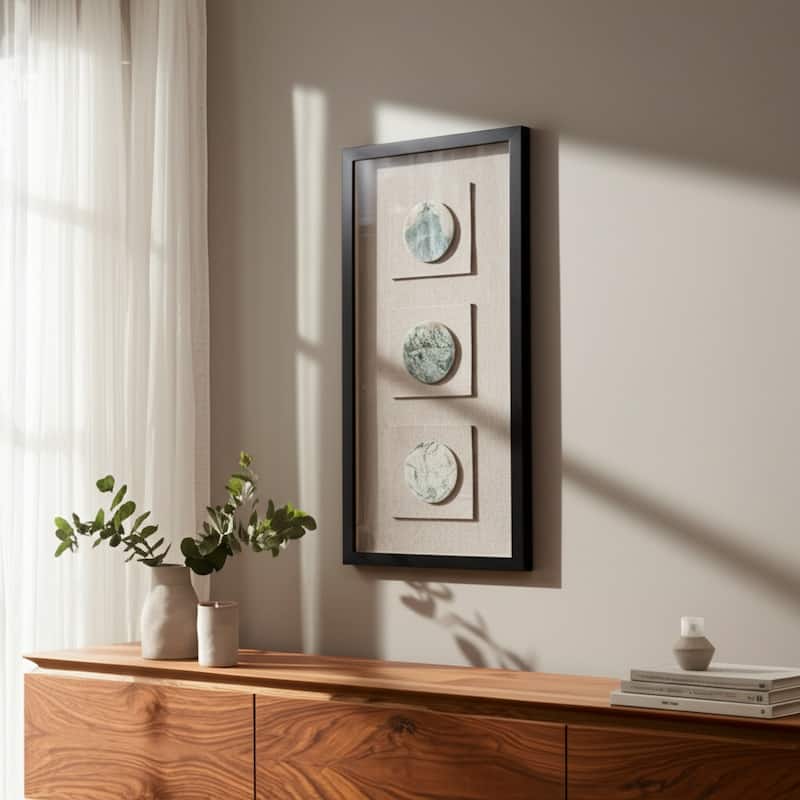 Stone Wall Decor Frame Three Circular Inlays Vertical - 28" Brown - Wood - Brown - 12" x 28" x 1"