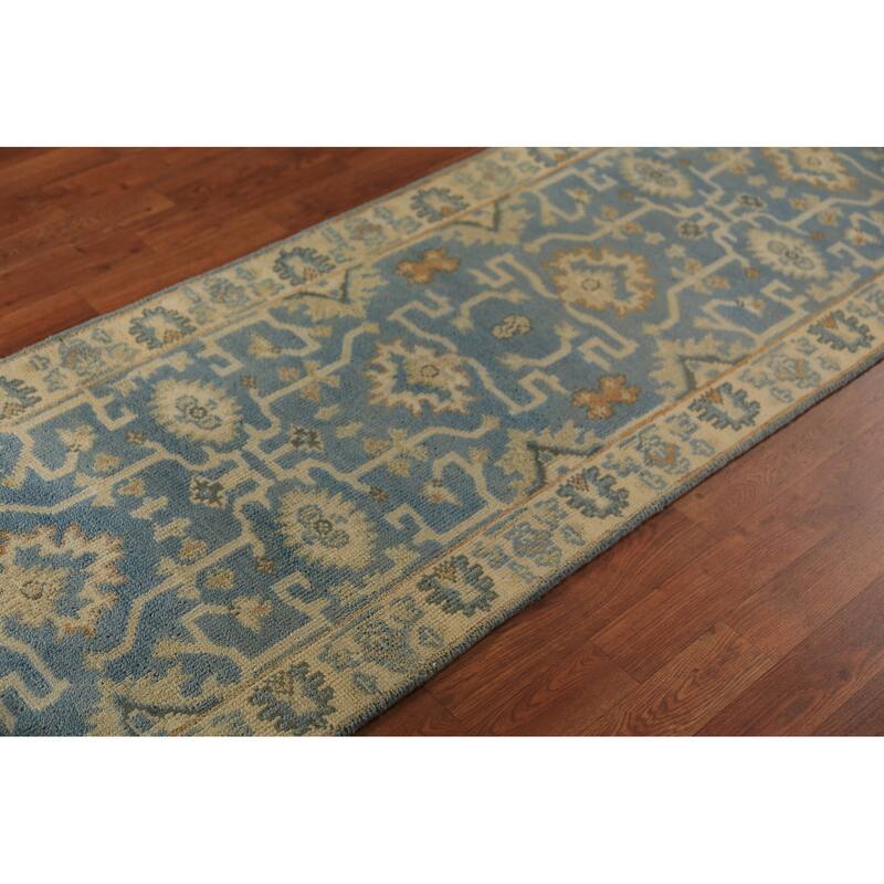 Blue Geometric Oushak Indian Runner Rug Hand-Knotted Wool Carpet - 2'7"x 7'9"