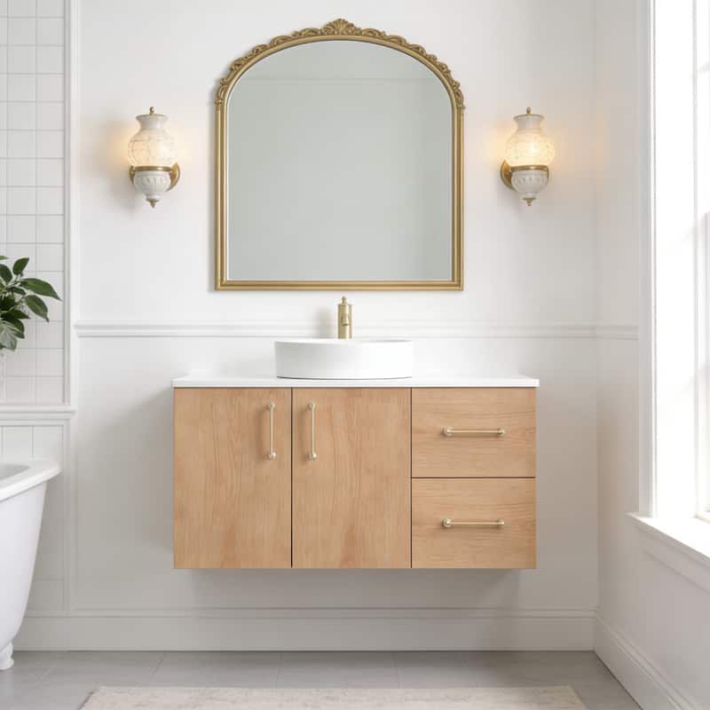 Prismella 36" 48" Floating Vanity with Round Vessel Sink, Quartz Top