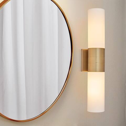 Cylinder Bathroom Light with 2 White Glass Shade and Gold Finish