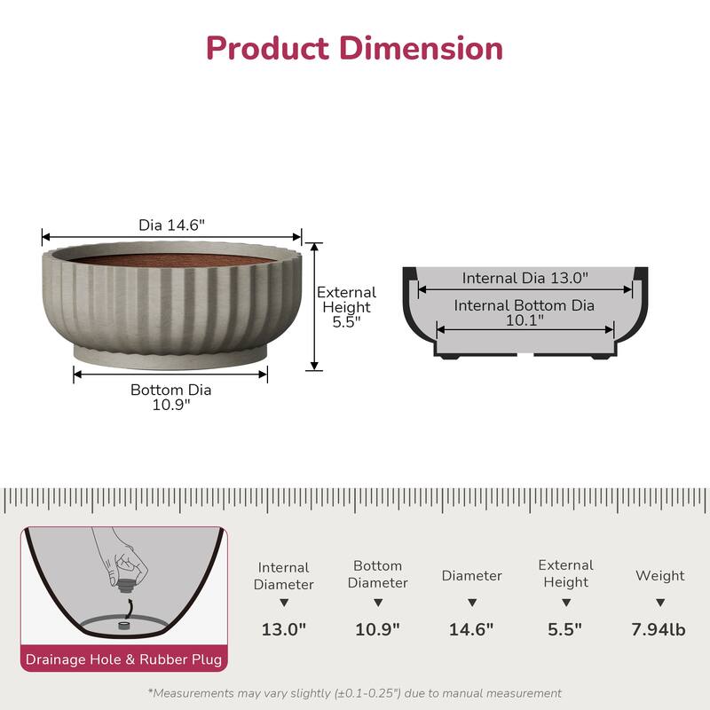 Round Fulted Bowl Planter with Enhanced Interior Concrete Flower Pots
