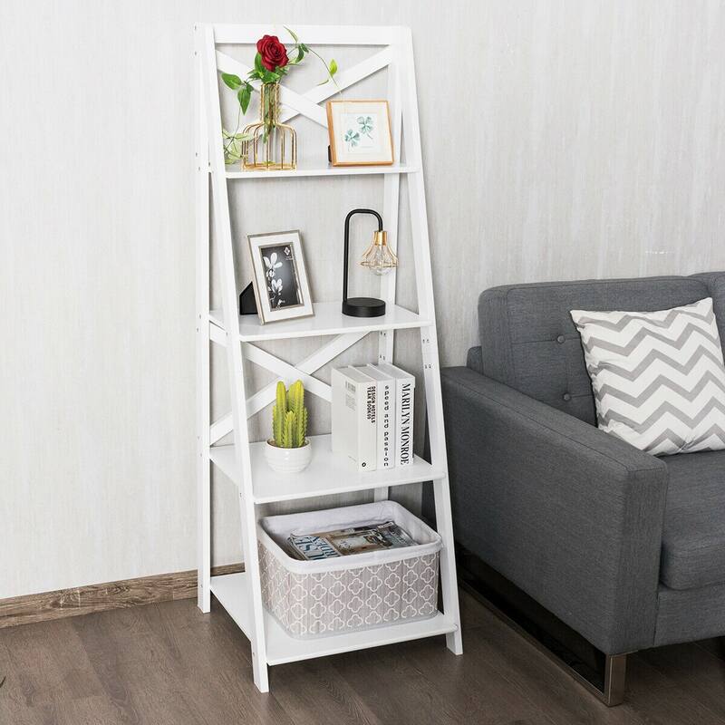 4-Tier Leaning Free Standing Ladder Shelf Bookcase - 20" x 18" x 56" (L x W x H)