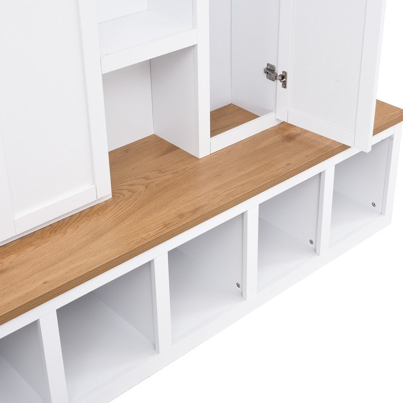 4-in-1 Hall Tree with 6 Hanging Hooks, Entryway Shoe Cabinet with Open Compartments, Wood Bench with Multiple Storage Space
