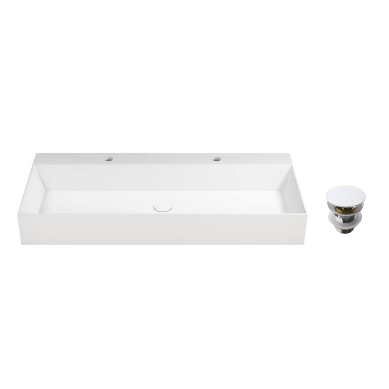 Solid Surface Wall-Mounted Rectangular Bathroom Sink with Pop-Up Drain, Modern Floating Wash Basin with Center Drain