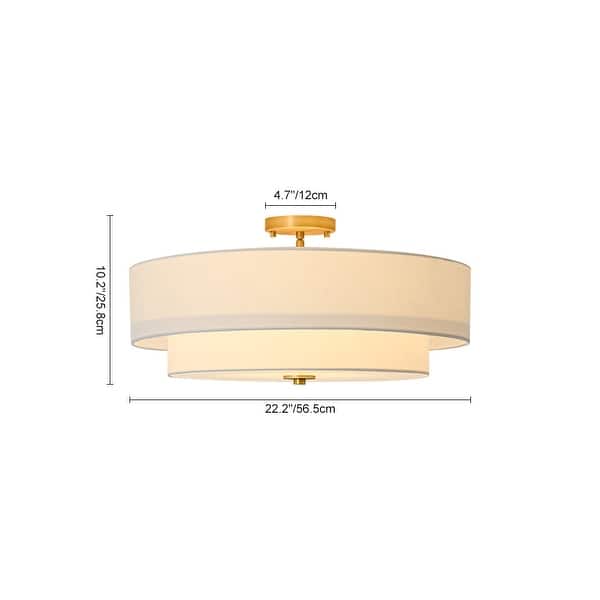 dimension image slide 0 of 2, French Country Brass Round White Linen Drum Ceiling Light
