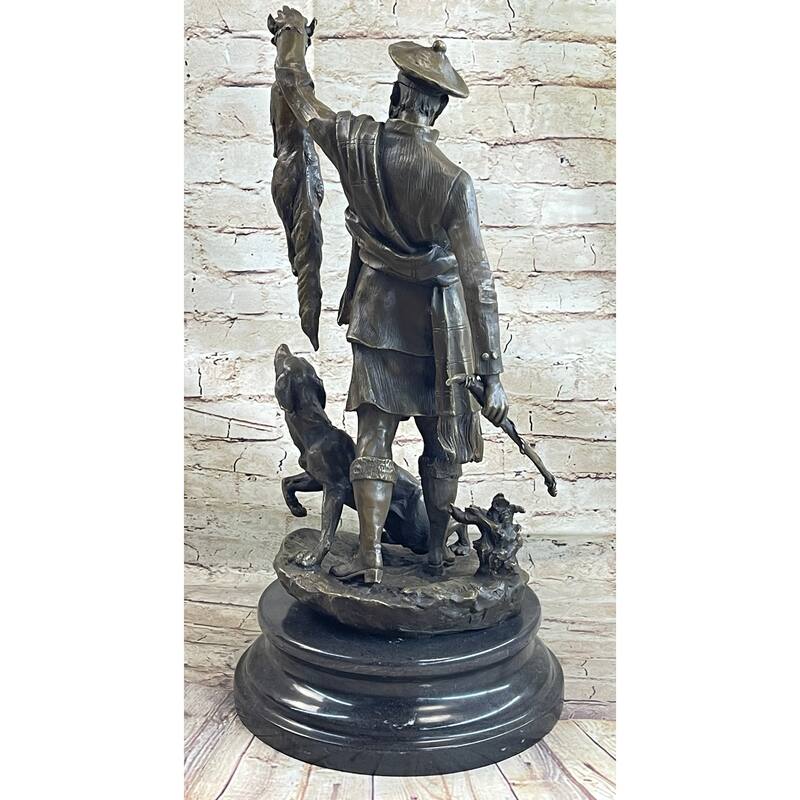 Scottish Hunter W/ Imitative Dog Bronze Statue Sculpture Figure Marble Base Signed Original 22 Inches X 11.5 Inches